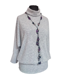 Cieplutki sweter KIMONO z golfem - szary prążek z połyskiem